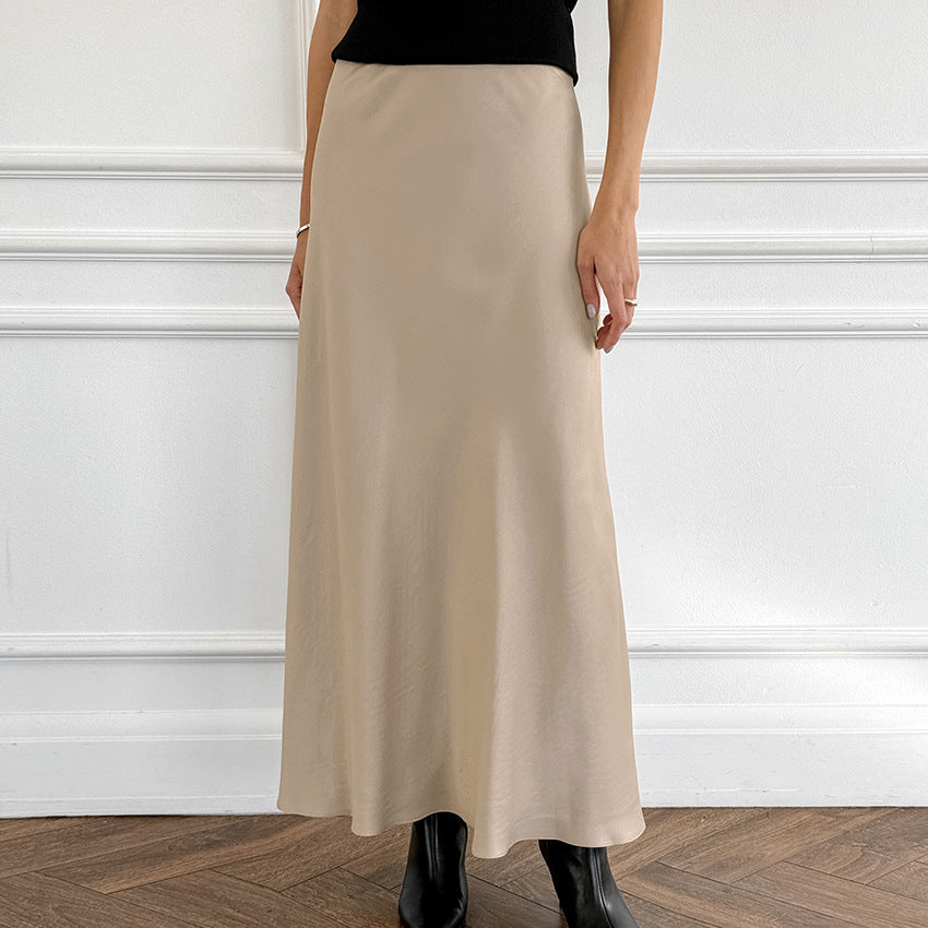 2024 autumn new textured imitation acetic acid satin skirt women's commuter drape khaki high waist long skirt women's clothing