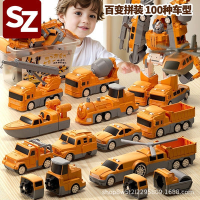 Kids' toy car set - construction vehicle transformation puzzle - fire truck included - perfect birthday gift for 3-4 year old boys