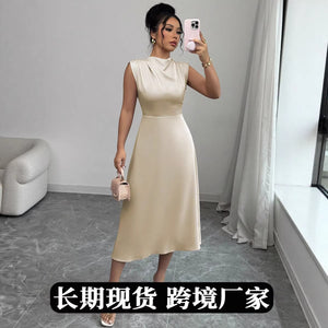 Women's european and american style summer satin dress - pleated satin midi a-line dress with unique design
