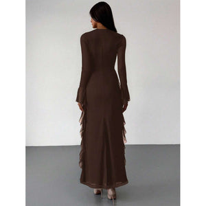 fashion autumn new pure desire sexy v neck long sleeves ruffles waist dress women