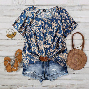 Plus size bohemian floral blouse - vintage color block print, round neck, double layer ruffle sleeves, relaxed fit shirt