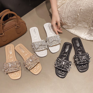 Export summer new korean style pearl rhinestone flat sandals women's outdoor wear one-strap slippers plus size sandals