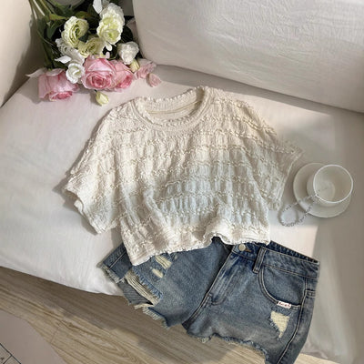 In-stock - 95012# cross-border fashion us & europe new round neck short sleeve lace crochet loose women's t-shirt