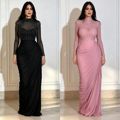 C7793 cross-border new women's sexy high-neck rhinestone mesh pleated bodycon evening dress set
