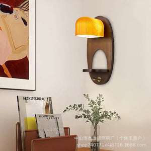 Retro solid wood oval wall lamp with vertical pattern and translucent glass b&b guest room bedside aisle new chinoiserie atmosphere