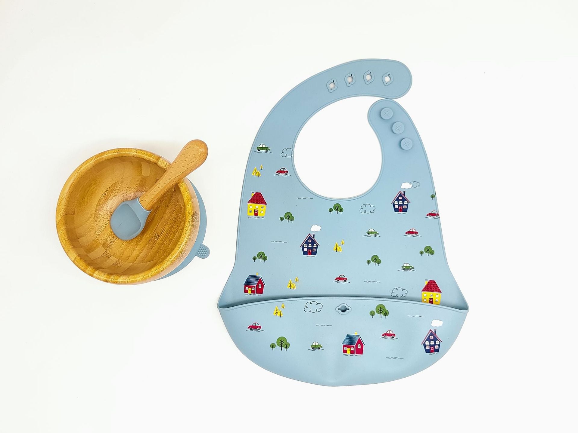 Cross-border wholesale food-grade silicone children's tableware set, saliva pocket, suction cup, bowl, fork and spoon 3-piece set, feeding set.