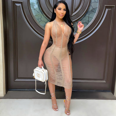 summer new sexy women's fashionable socialite hollow-out see-through beach knit bodycon dress halter knit dress
