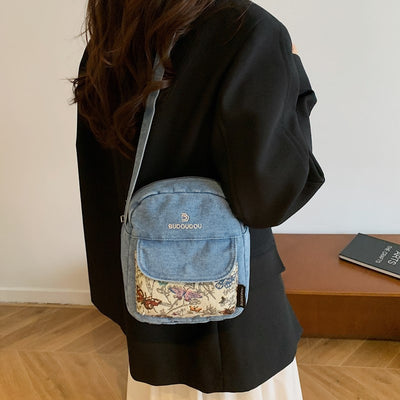 New denim mini bag for women, autumn/winter 2025 collection: vintage-inspired, versatile printed patchwork shoulder & crossbody bag, perfect for carrying your phone