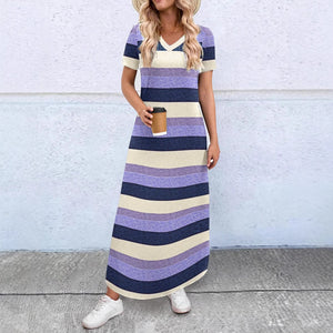 Amazon fashion cross-border women's v neck stripes short sleeve long skirt looseplus sizeflap pocket pantsdress