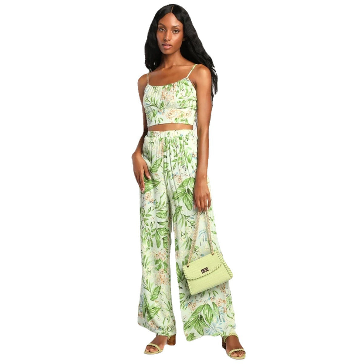 Spot European and American new  casual suit, sexy suspender vest, high waist printed wide-leg pants suit