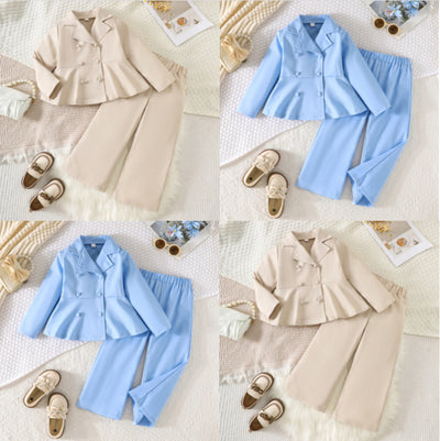 exclusive supply - light khaki double-breasted ruffles jacket + wide-leg pants kidsspring & fall two-piece set
