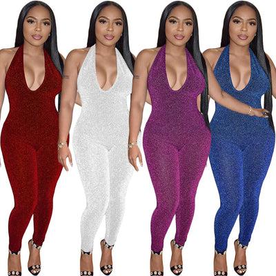 S390466 cross-border fashion sexy silver thread stretch sleeveless halter bodysuit for women