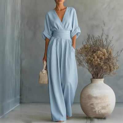european and american cross-border spring/summer new arrival: elegant and chic fitted v-neck solid color women's jumpsuit