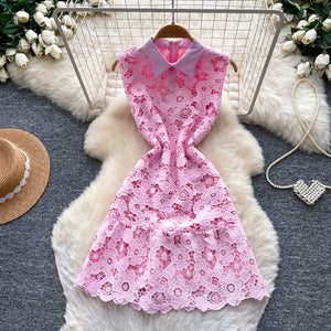 French sweet style pink lace sleeveless dress - notch collar, hollow-out a-line, elegant party dress