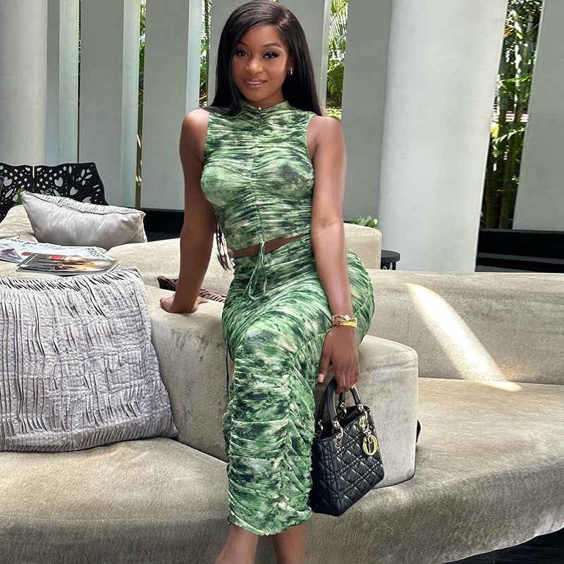 European and American  women's clothing printed sleeveless pullover drawstring top sexy tight hip-wrapped skirt two-piece set