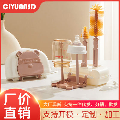 Infant and toddler cleaning brush set - includes straw brush, cup brush, drain rack, and storage box - baby silicone bottle brush