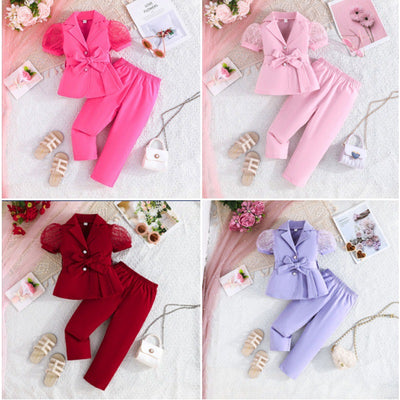 new girls' bubble sleeve mesh sleeve fashion blazer + pants two-piece set (sizes for toddlers and young children)