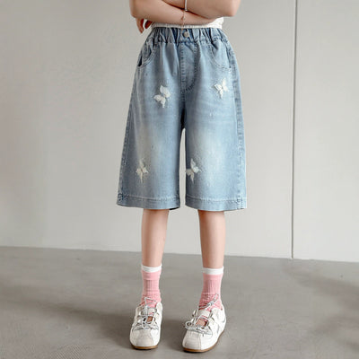 Girl hot diamond denim mid-pants summer style pants kids middle-aged and big kids shorts easiest for matchsummer thin half length pants