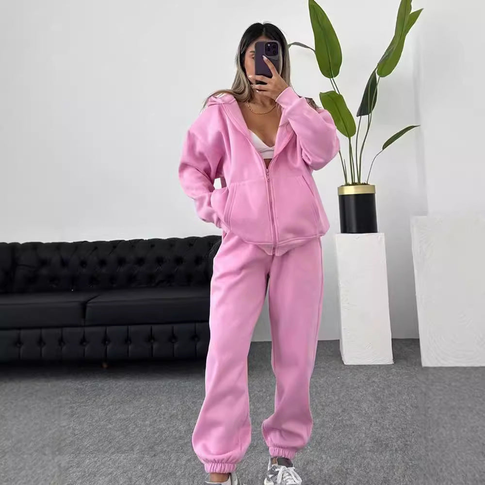 European and American independent station  autumn and winter  women's clothing fashion long-sleeved hooded sports cardigan casual trousers set