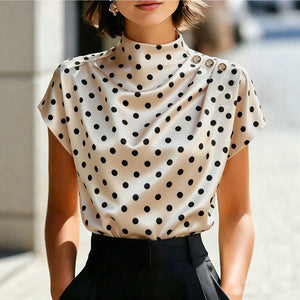 European and american cross-border exclusive: vintage black polka dot plus size blouse - stand collar, ruched shoulder detail, elegant women's top