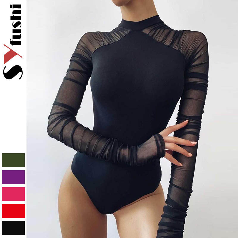 European and American autumn new women's clothing semi-turtleneck fashion mesh stitching long-sleeved slim-fit Spice Girl one-piece solid color bottoming shirt