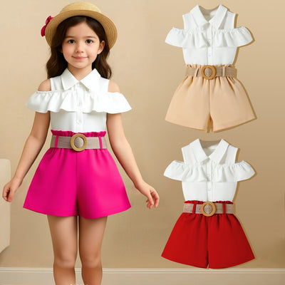 girls' summer outfit: new european and american style off-shoulder ruffle top, shorts, and belt three-piece set for toddlers and young children