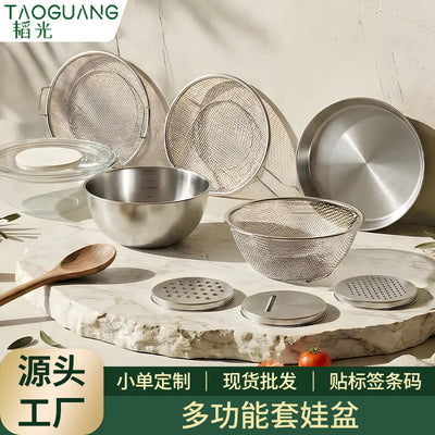 304 stainless steel rice washing basin drain basket set of seven nesting dolls kitchen sink egg bowl cooking basin suit