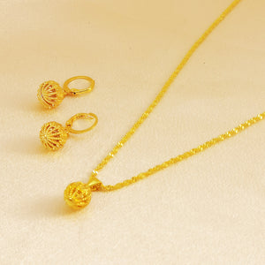24k gold plated fashion luxury ball earrings pendant necklace women's jewelry set, christmas party accessories gift
