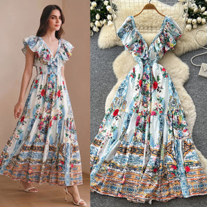 Vacation style v neckruffles floral dress women's high waist a-line large swing fairy skirt summerelegance large swing long skirt