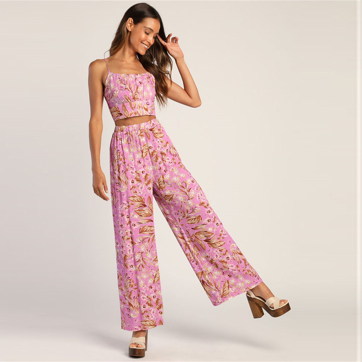 Spot European and American new  casual suit, sexy suspender vest, high waist printed wide-leg pants suit