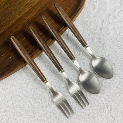 Walnut stainless steel dessert fork coffee spoon set - premium cutlery for home use - cake, fruit, and dessert forks with wooden handles