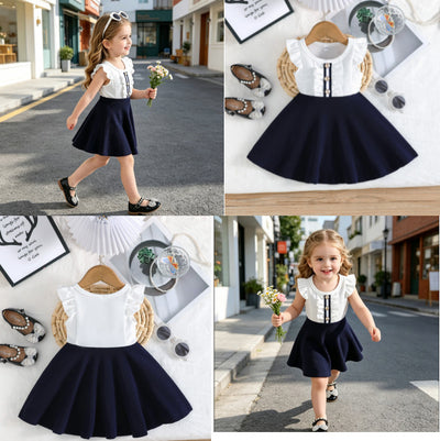 girls' preppy style flutter sleeve dress - summer kids' navy blue patchwork princess dress