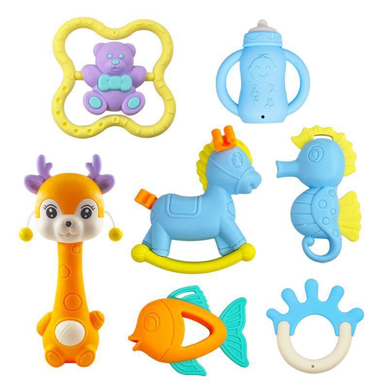 Cross-border export baby can bite teething glue hand rattle newborn baby teething toy bell grinding stick