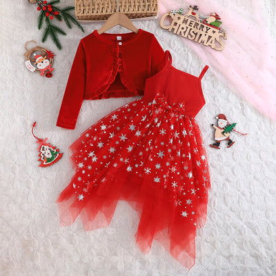 new women's velvet jacket christmas shawl top + printed suspender dress fashion set