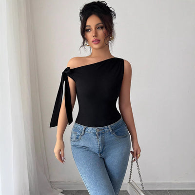 Ready-to-ship european and american cross-border women's clothing: new elegant, solid-color, one-shoulder, twist-knot tie t-shirt for women, perfect for work or casual wear