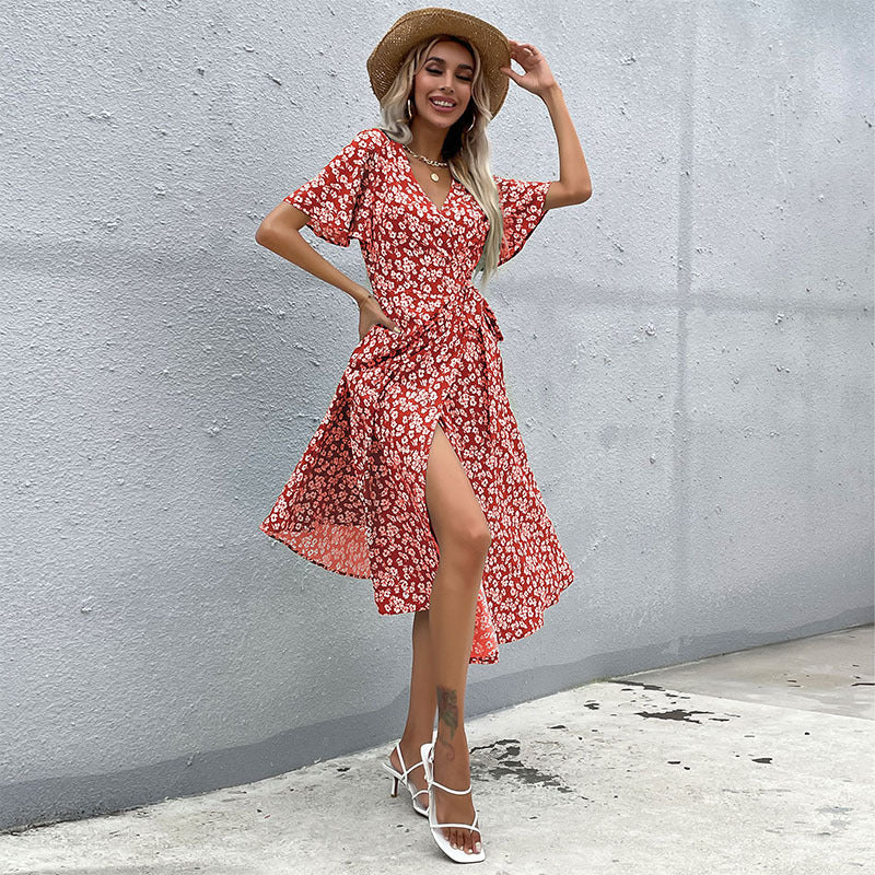 Spring and summer    independent station new European and American women's clothing French pastoral slim-fit printed dress