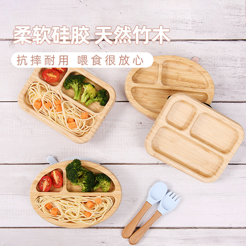 Customized logo wooden bamboo children's plate, non-slip silicone plate, round square bamboo fiber children's plate