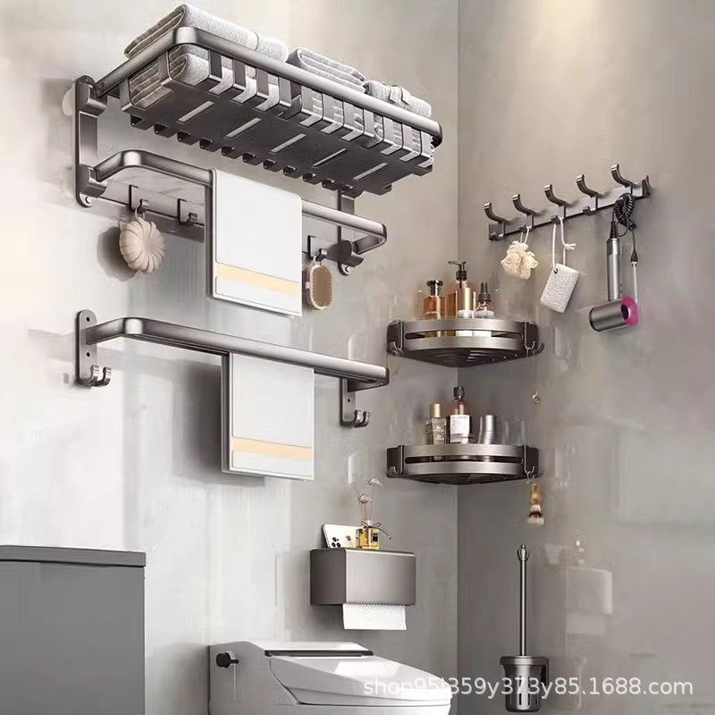 No punching bath towel holder gray space aluminum bathroom double folding net basket thickened shelf for clothes artifact bathroom