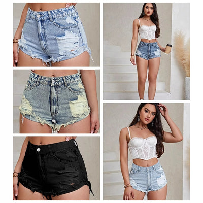 In-stock - 35860# cross-border women's ins casual high-waisted distressed frayed hem denim shorts jeans