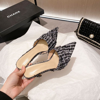 Yx tweed style stiletto heels - 2026 autumn fashion pointed-toe elegant french sandals - versatile sexy outdoor slides