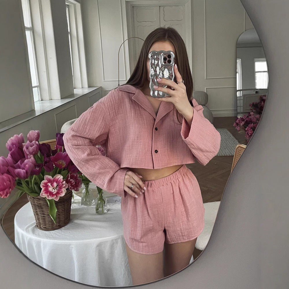 European and American casual women's clothing fashion v-neck long-sleeved cardigan shorts set sexy shorts set women
