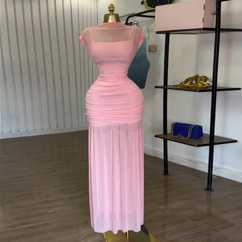 European and American  women's clothing 2025 summer new temperament pink half-turtleneck pleated slim-fitting medium and long dress