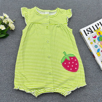 Girls' summer sleeveless romper with ruffle trim, green and white striped strawberry patch, full-zip bodysuit for newborns and toddlers