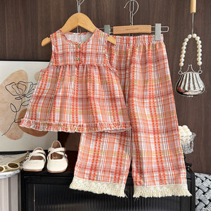 Lace trimmed girls' outfit - summer new arrival: girls' casual lightweight sleeveless korean style tank top and pants two-piece set