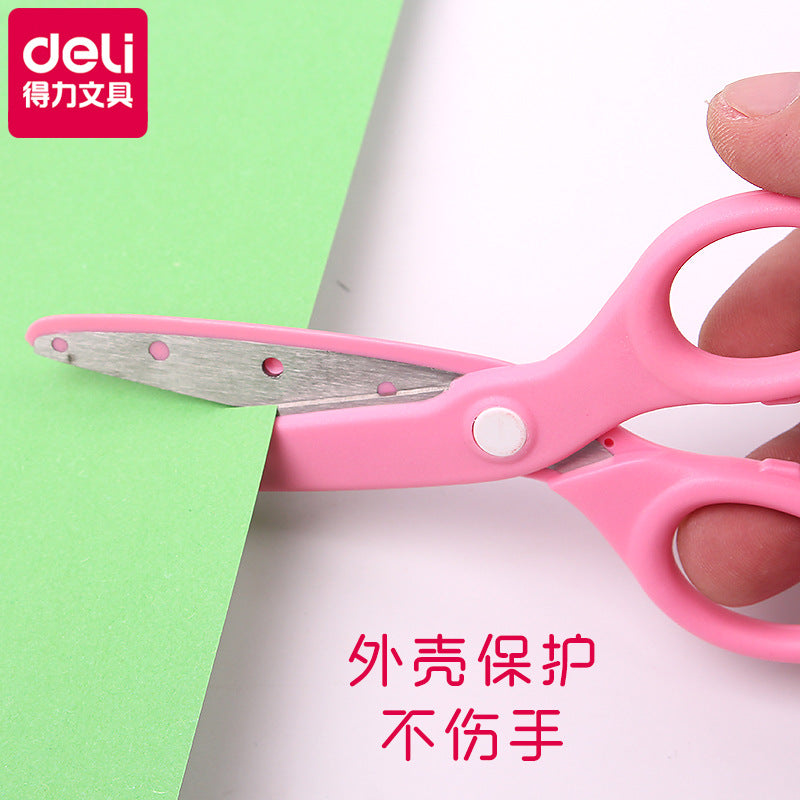 Deli 6023 Children's and students' handmade origami scissors with sheath are safe and do not hurt hands. Kindergarten scissors small scissors