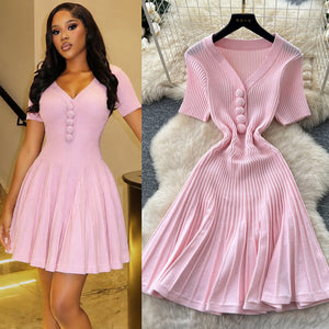 Salt style outfit v neck short-sleeved silm age-reducing knittingdress female summer waist slimming look a-line skirt work clothingelegant skirt