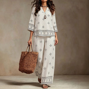 Vacation style plus sizenational style suitretro geometric printingv neck mid-sleeve topsloosestraight-leg pants fat mm