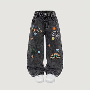 girls' spring/autumn denim pants: new styles for mid-to-large children, loose-fit casual straight-leg trousers, stylish and versatile wide-leg pants for kids