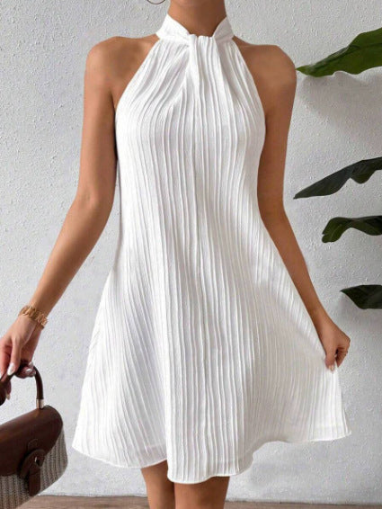 2025 spring and summer new European and American women's neck dress pleated and drape cross skirt