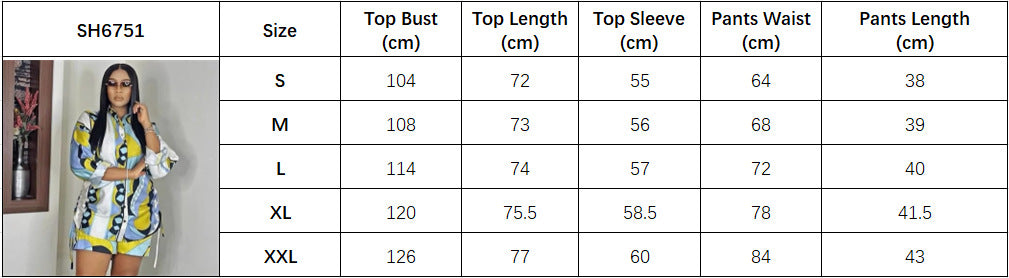 European and American large size fashion lapel print long-sleeved cardigan shirt African foreign style women's loose casual shorts set